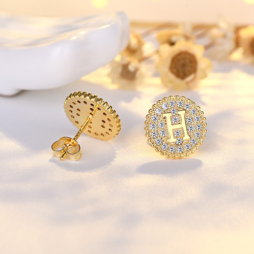 Women's Fashionable and Versatile Design Earrings with Round 925 Silver Pins and Micro-set Zirconia Letter H Earrings