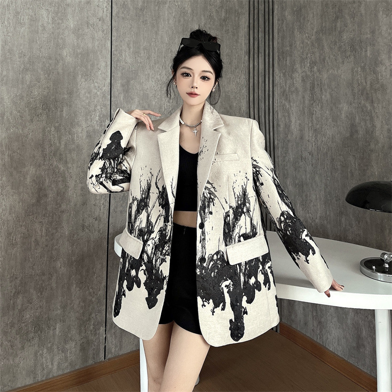 Real Shot of Hepburn-Style High-End Formal Shoulder-Length Chinese-Style Ink Painting Print Slim-Fit Blazer for Women