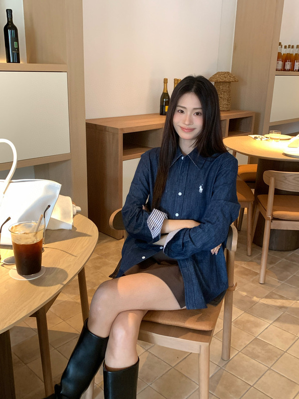 高版本RL拉夫小马标刺绣经典老钱风翻领长袖牛仔衬衫休闲宽松外套|undefined