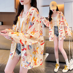 2025 プリント日焼け防止服夏かわいいスタイルフード付き長袖ルーズフード付き薄手のトップジャケット女性のための
