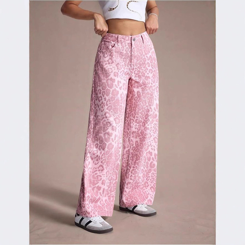 Pink Leopard Print Jeans for Women, Summer Fashion, Loose Casual Straight Wide-Leg Pants, Floor-Length Pants, Dopamine Style