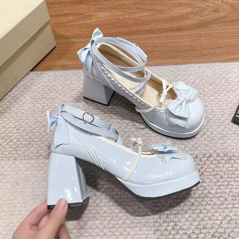 Lolita Sweet Thick-Soled Blue High-Heeled Shoes Soft Girl Lolita Japanese Style Cute Bow Shoes 2025 New Style