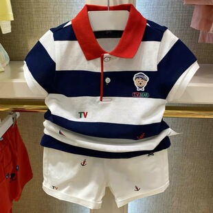 Children's Boys Short-sleeved Wide-striped Breathable Laps POLO Short-sleeved Children's Top New Bear Polo Shirt