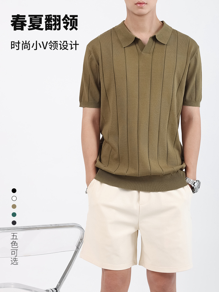 Polo de estilo Old Money con cuello, polo de punto de seda helada de alta gama para hombre, informal de negocios, con cuello en V, camisa de manga corta para hombre.
