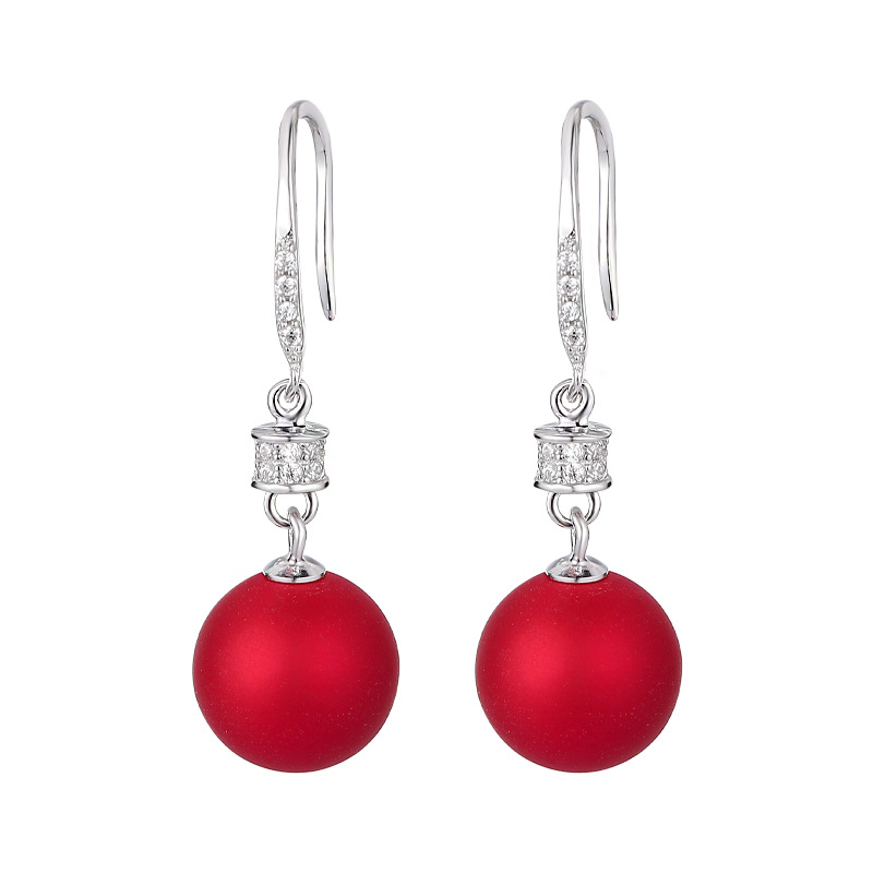 S925 sterling silver round red leather ball zircon earrings women's light luxury elegant long earrings simple fashion jewelry