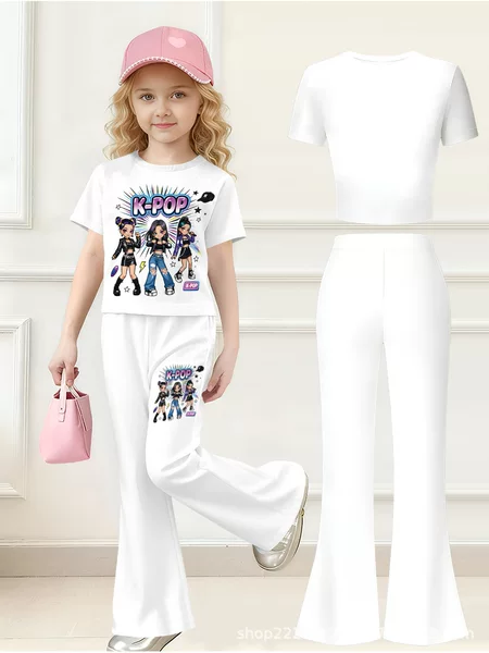 Kpop Korean Wave Cartoon Anime Milk Silk Short-Sleeve Flared Pants Two-Piece Set for Girls, Teenage Girls' Outfit with Girly Print