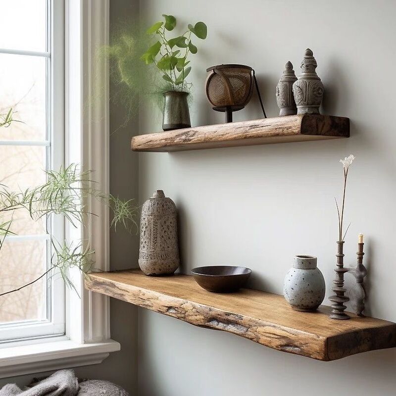 Solid Wood Wall Shelf with Natural Edges, Irregular Shape, for Living Room Background Wall, Wall Bookshelf, Clothing Store