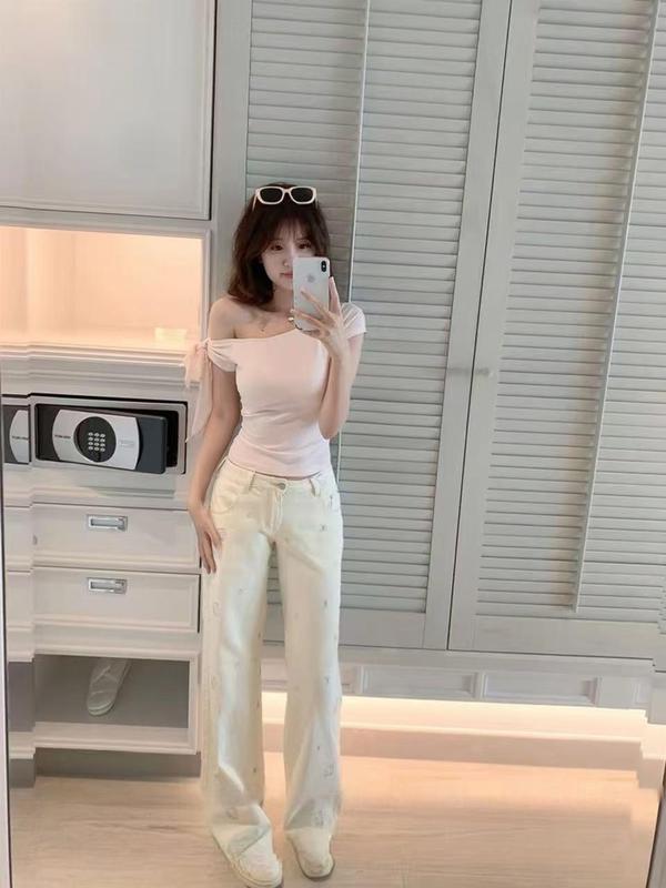甜酷kitty猫刺绣阔腿牛仔裤女夏季新款小众设计感蝴蝶结宽松长裤|undefined