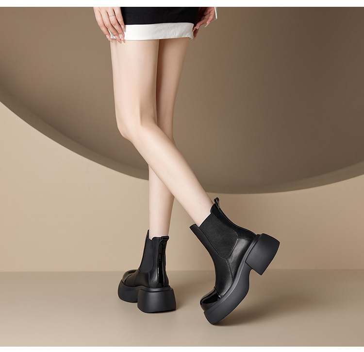 Giày boot Chelsea da thật cổ ngắn phối màu thu đông 2025, gót 6cm đế dày — đen, Màu trắng nhạt chi tiết 7