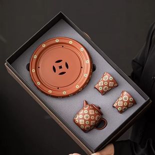 Raw Ore Cinnabar Purple Sand Xishi Pot suit Vintage Handmade Kung Fu Tea Set Light Luxury Teapot Teacup Set