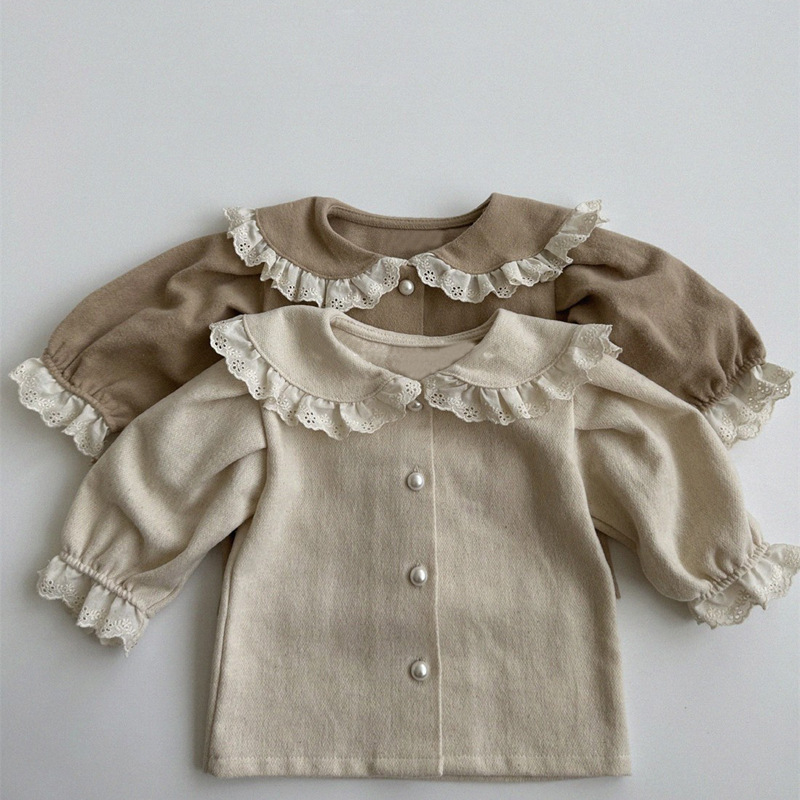 INS niñas bebé primavera nueva camisa superior estilo occidental encaje solapa encaje manga larga niñas cardigan camisa