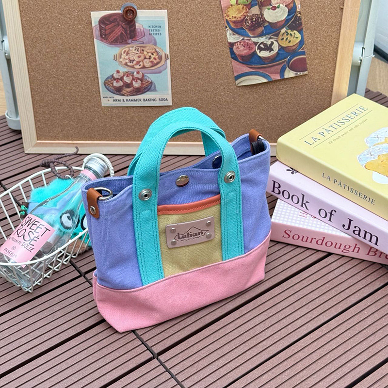 Bolsa de lienzo de moda de color contraste para niños jardín de infantes bolsa de balde portátil de letras extranjeras bolsa de mochila para niños
