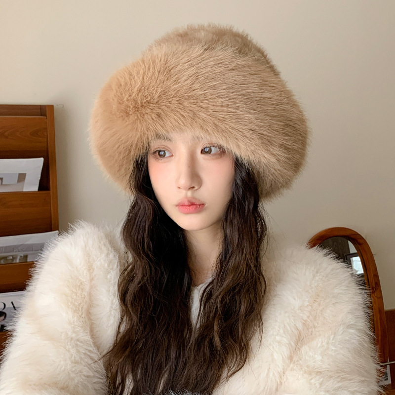 冬季时尚仿皮草毛绒帽子女户外休闲加厚防寒保暖帽日系包头盆帽新|undefined