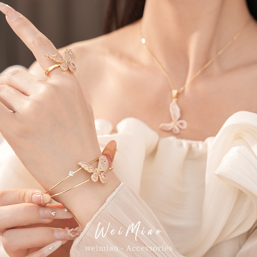 Pink Zircon Butterfly Bracelet Anillo Collar Chain Clave Personalidad Jewelry Set