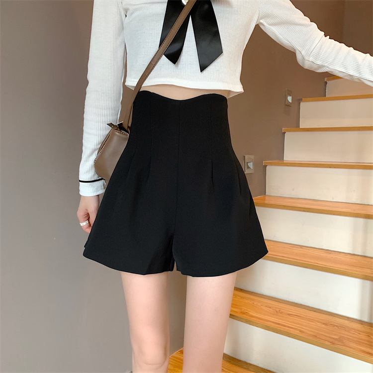 Black wide leg shorts women's 2023 Summer high waist slimming outer wear loose small casual A- line pants fashion ins