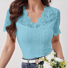 2025春夏跨境亚马逊独立站欧美外贸女装T恤蕾丝拼接短袖V领上衣