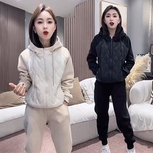 时尚休闲加棉加绒厚运动服套装女冬季新款连帽卫衣束脚卫裤两件套