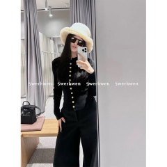 5werkwen黒い金属は丸首の長袖のニットのカーディガンの女性の秋冬の修身の中で底のシャツを掛けます。