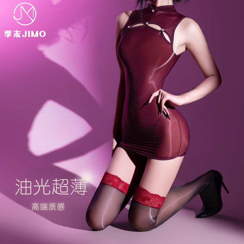 End-Of-Season Sexy New Chinese-Style Open-Front Cheongsam, Glossy Erotic Lingerie, See-Through Backless Bodycon Skirt, Tight-Fitting Outfit E100