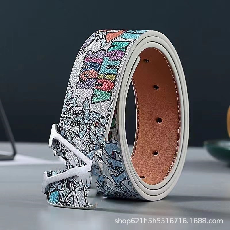 经典款男士老花金扣黑花黑扣真皮牛皮商务腰带高颜值V字母扣皮带|undefined