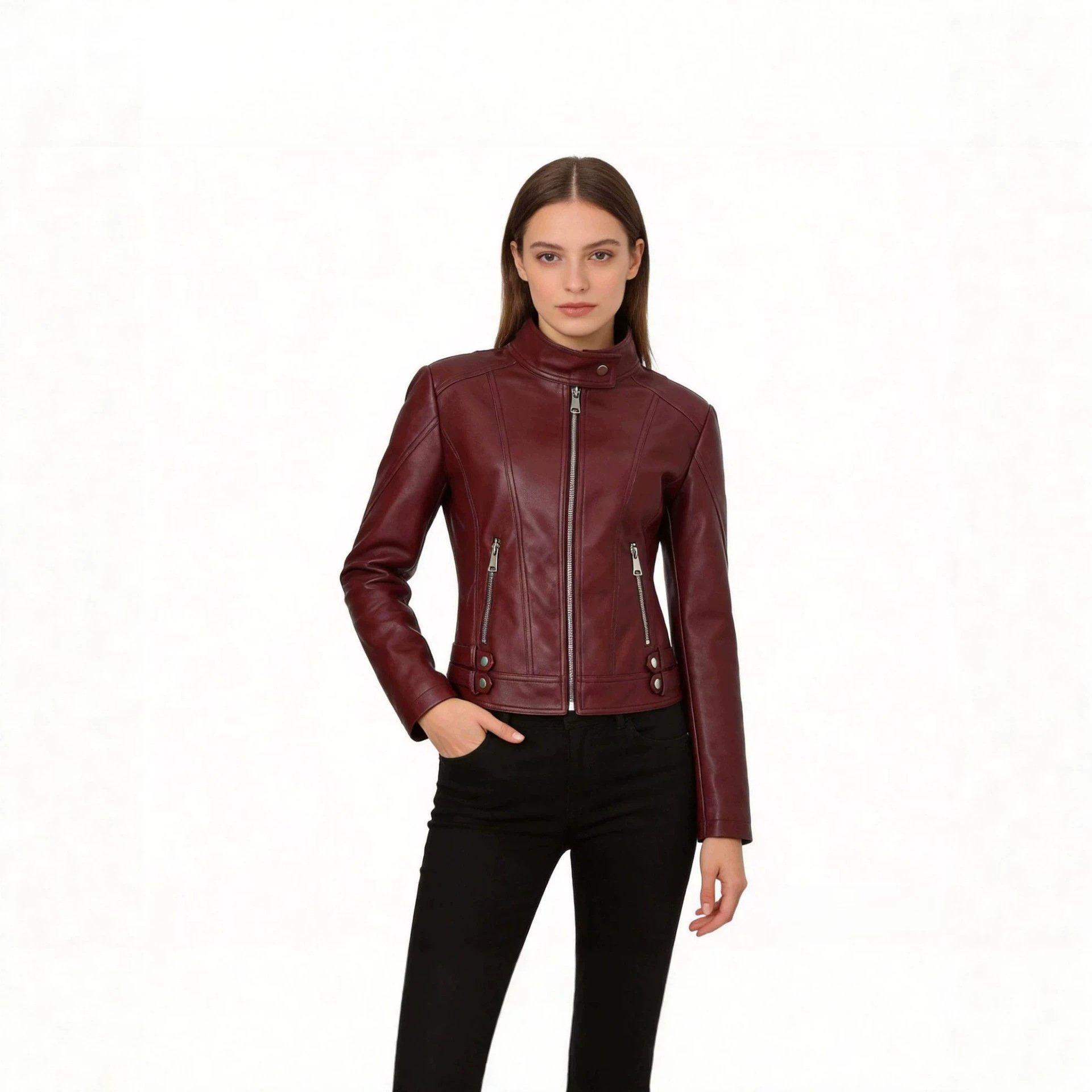 跨境热卖女式PU机车皮衣外贸修身立领外套多拉链Women's coat