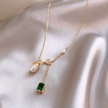 韩国新款祖母绿宝石珍珠双吊坠轻奢项链女优雅锁骨链ins网红颈链
