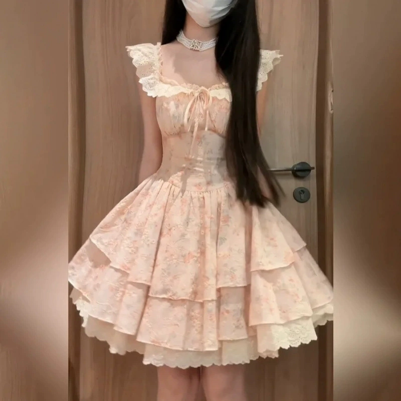 Французское сладкое цветочное платье принцессы с завышенной талией, пышными рукавами и квадратным вырезом