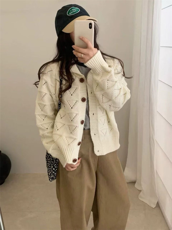 复古翻领镂空针织开衫女秋冬新款宽松慵懒百搭小个子短款毛衣外套|undefined