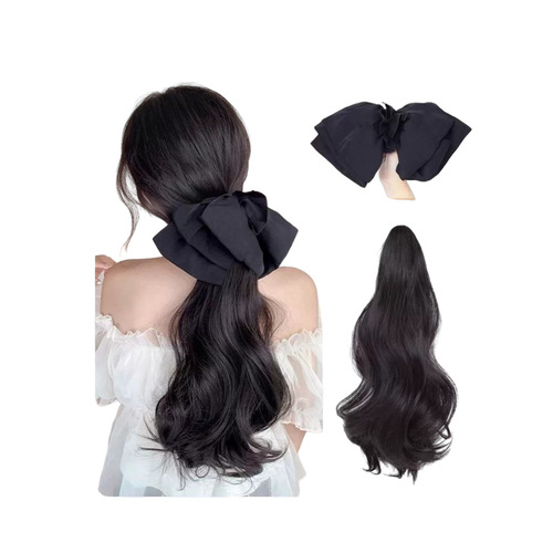 Ponytail wig for women with big wave bow, high ponytail artificial hair, long curly hair, fluffy fake braids
