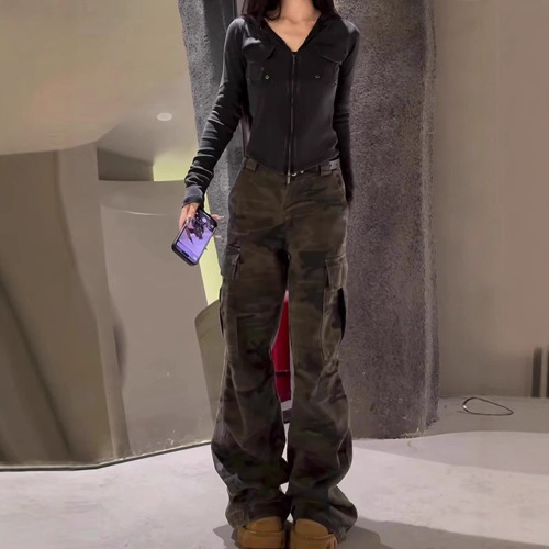 American-style spicy girl designed pocket camouflage work pants for women, spring high-waisted loose casual long pants