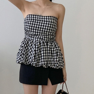 Korean Chic Summer French-Style Small Sexy Square-Neck Ruched Slim-Fit Ruffled Base Tube Top Tank Top