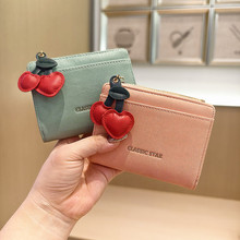 黛妮 韩版新款纯色小清新樱桃吊坠两折拉链搭扣短款女式学生钱包