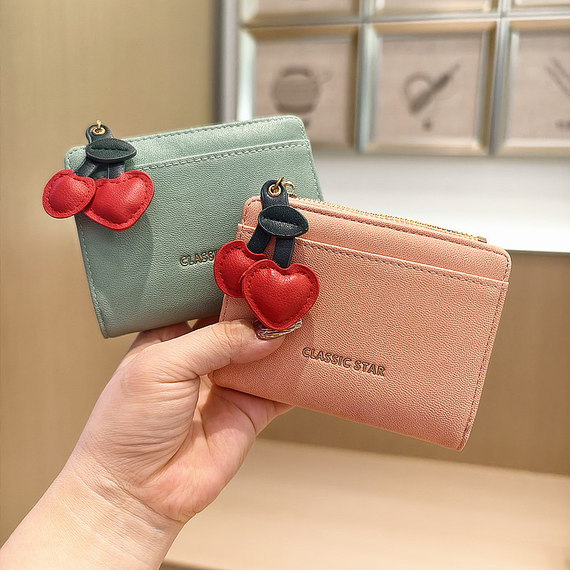 黛妮 韩版新款纯色小清新樱桃吊坠两折拉链搭扣短款女式学生钱包