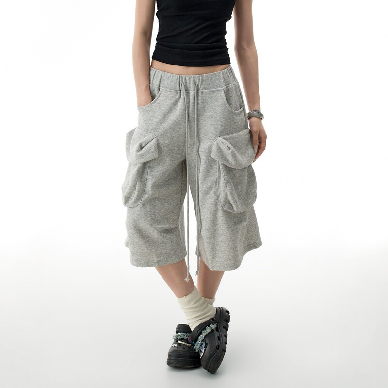 American-Style Gray Workwear Cropped Pants for Women, Summer Loose Fit, Slimming, Versatile, Sporty Casual Pants, Trendy Wide-Leg Pants American-Style Gray Workwear Cropped Pants for Women, Summer Loose Fit, Slimming, Versatile, Sporty Casual Pants, Trendy Wide-Leg Pants
