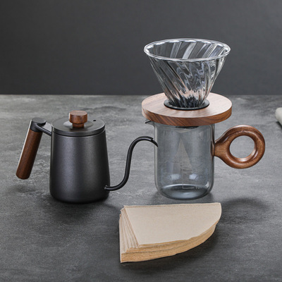 New products Glass Smoke gray Coffee pot suit Anti scald Walnut Handle share household