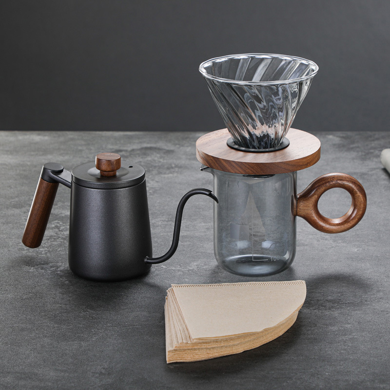 New products Glass Smoke gray Coffee pot suit Anti scald Walnut Handle share household