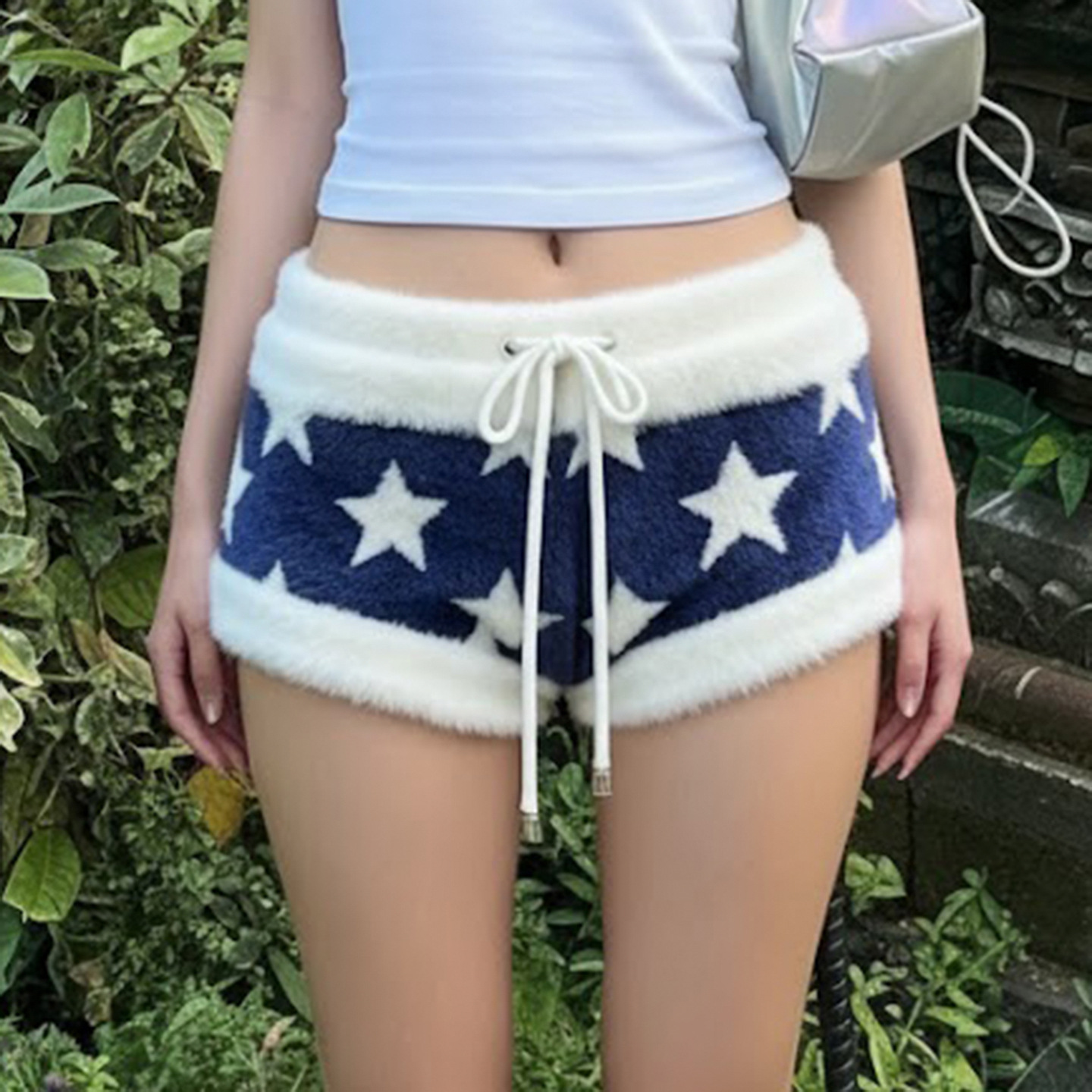 秋冬毛茸茸撞色星星系带低腰裤Y2K辣妹个性休闲女装毛织短款热裤