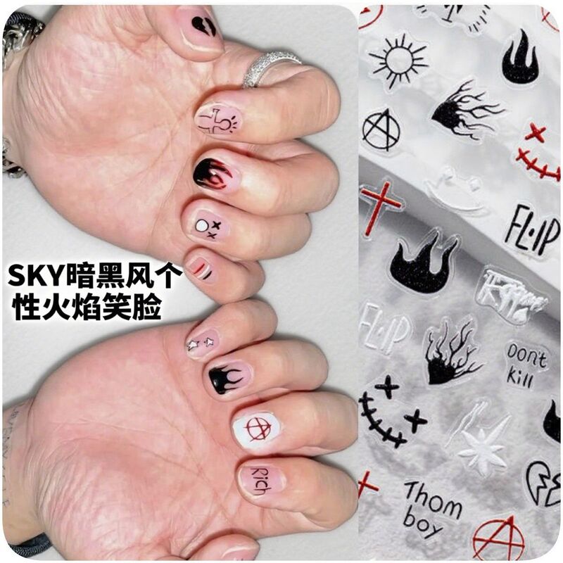 Sky's Popular Luhan-Style Dark Style Nail Stickers with Personalized Flame Smiley Cross Pattern for Men