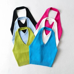 辣妹無袖掛脖小背心上衣夏新款V領高腰露臍顯瘦針織吊帶