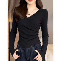 Solid color long-sleeved shirt for women 2025 new autumn inner bottom shirt slim fitted flesh to make them look slim and shoulder top for women