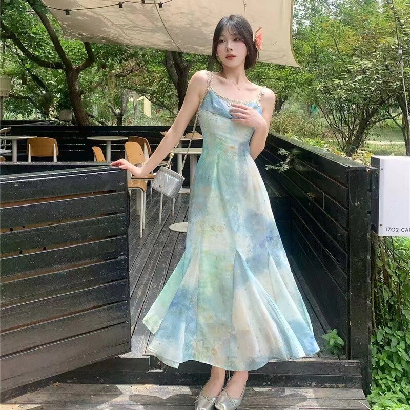 French-Style Mermaid Princess Summer Dress with a Stylish Fishtail Design, Tie-Dye Effect, Waist-Cinching, New Seaside Dress, Vacation Long Dress