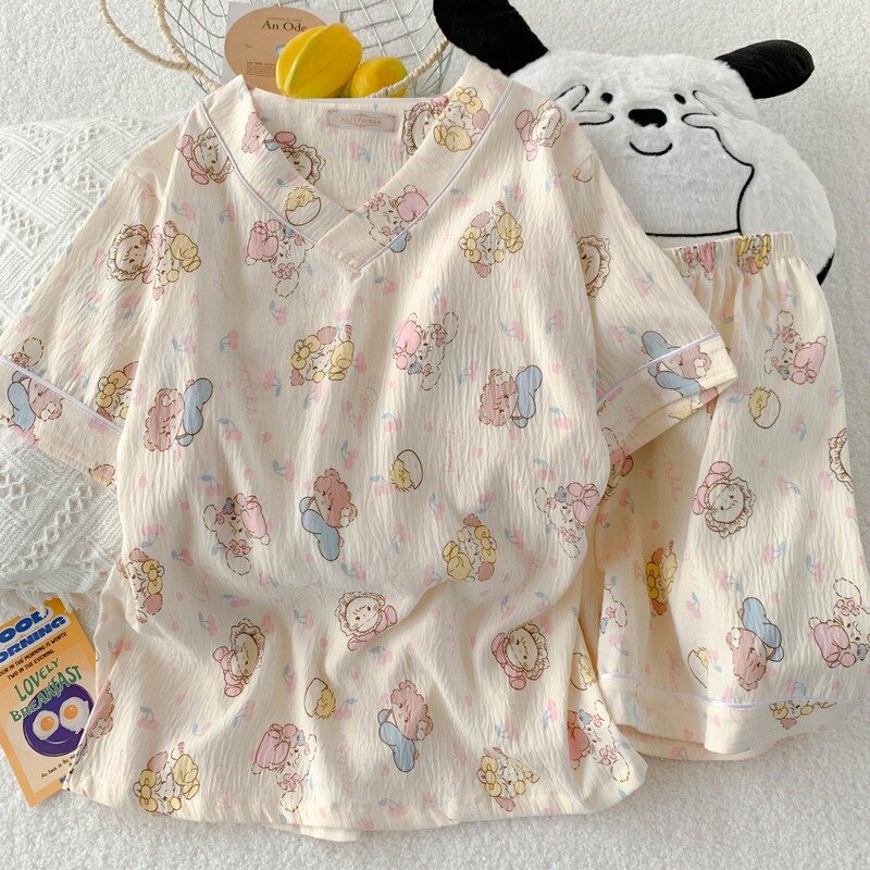 New Cloud Cotton Mikko Pajamas Women's Summer V-Neck Short-Sleeved Loosening Cartoon Home Clothes suit Cross-Border Live