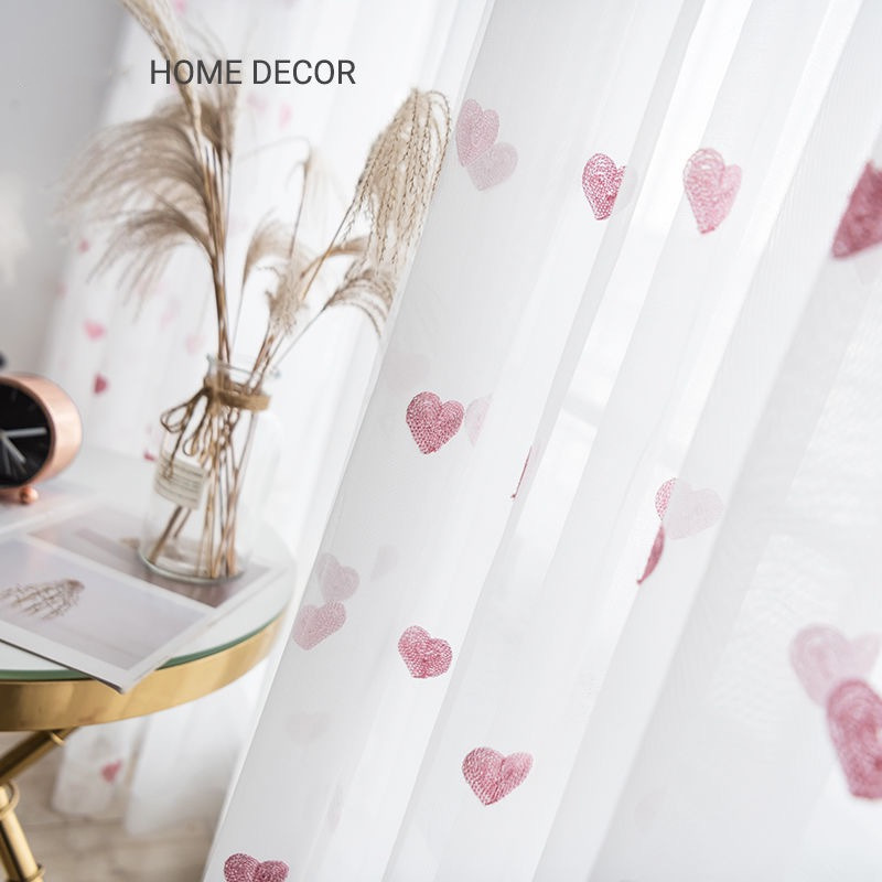 Beautiful Heart Gauze Curtain Princess Style Bedroom Kidsren's Room Window Screen Pink Accessible Luxury Korean Balcony Pure White Gauze Floating Curtain
