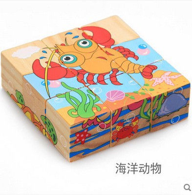 Juguetes de la inteligencia de la educación temprana de los niños pintura de madera de seis lados rompecabezas tridimensional bebé rompecabezas bloques de construcción bebé de madera
