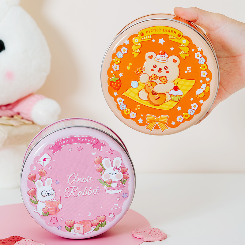 马口铁盒曲奇饼干包装盒白色兔子圆罐大白兔卡通铁罐圆形铁盒批发