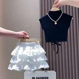 女童夏装可爱短裙套装2025新款中大童不规则上衣背心蓬蓬裙两件套