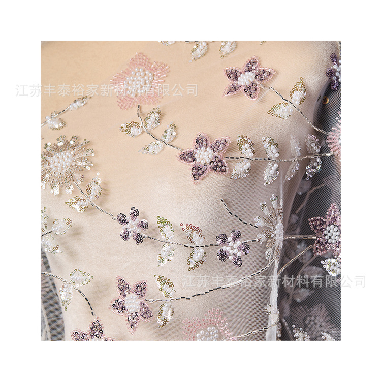 Tejido de bordado de cuentas transparentes, tela de red rosa, tela de bordado de red de flores tridimensionales, tela de bordado de red de flores