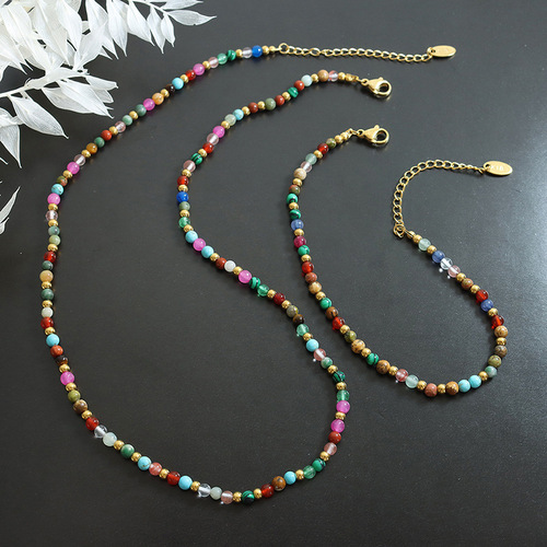 Colorful Natural Stone Titanium Steel Bead Personalized Accessory Bohemian Ethnic Style Necklace Fashion Bracelet Jewelry Set