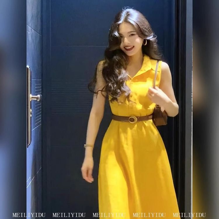 2025 Summer French Yellow Polo Collar Sleeveless Shirt Yellow Dress Fashionable Waist Long Skirt