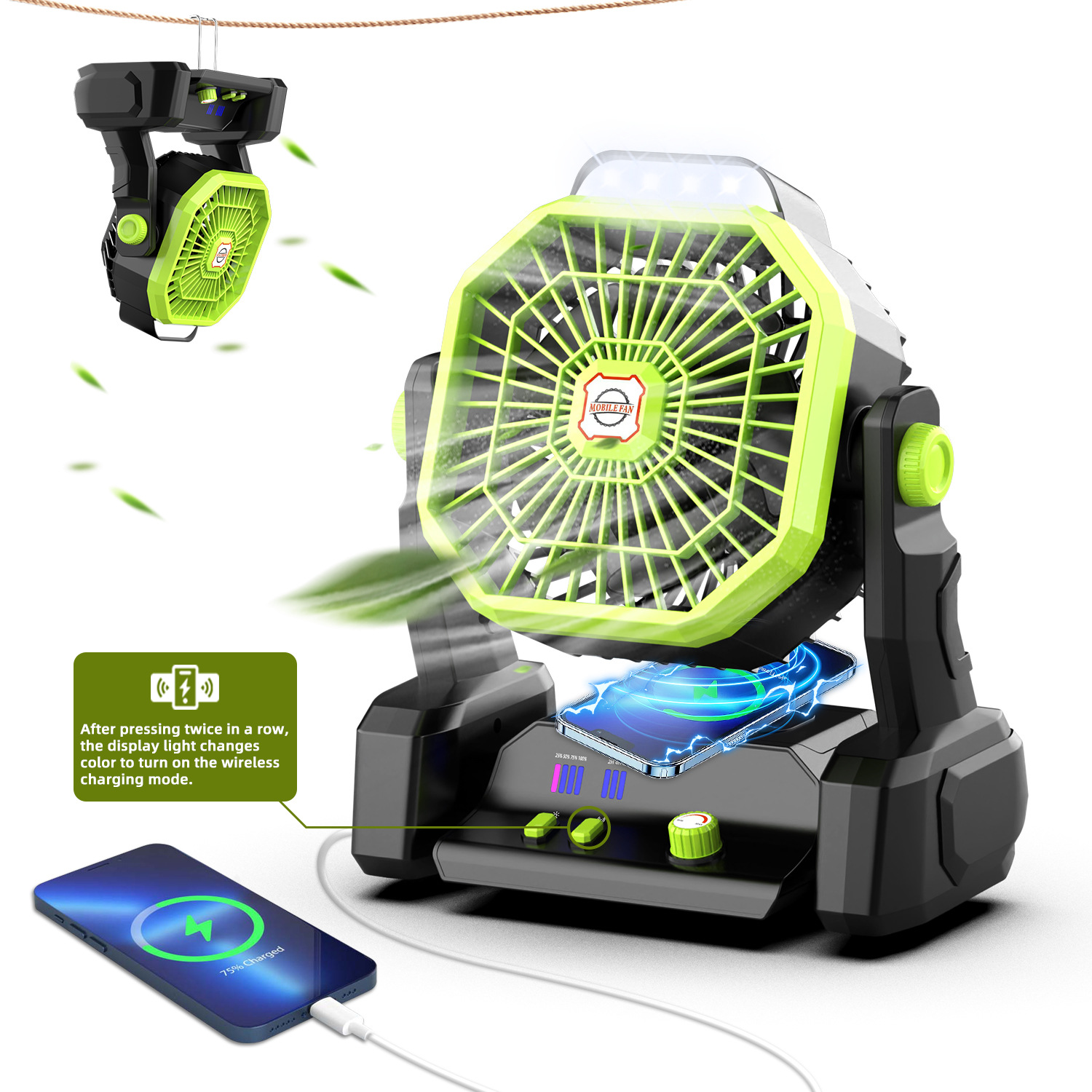 Lámpara Ventilador para Camping al Aire Libre 20000mAh (60 Horas) con Luz LED Recargable
